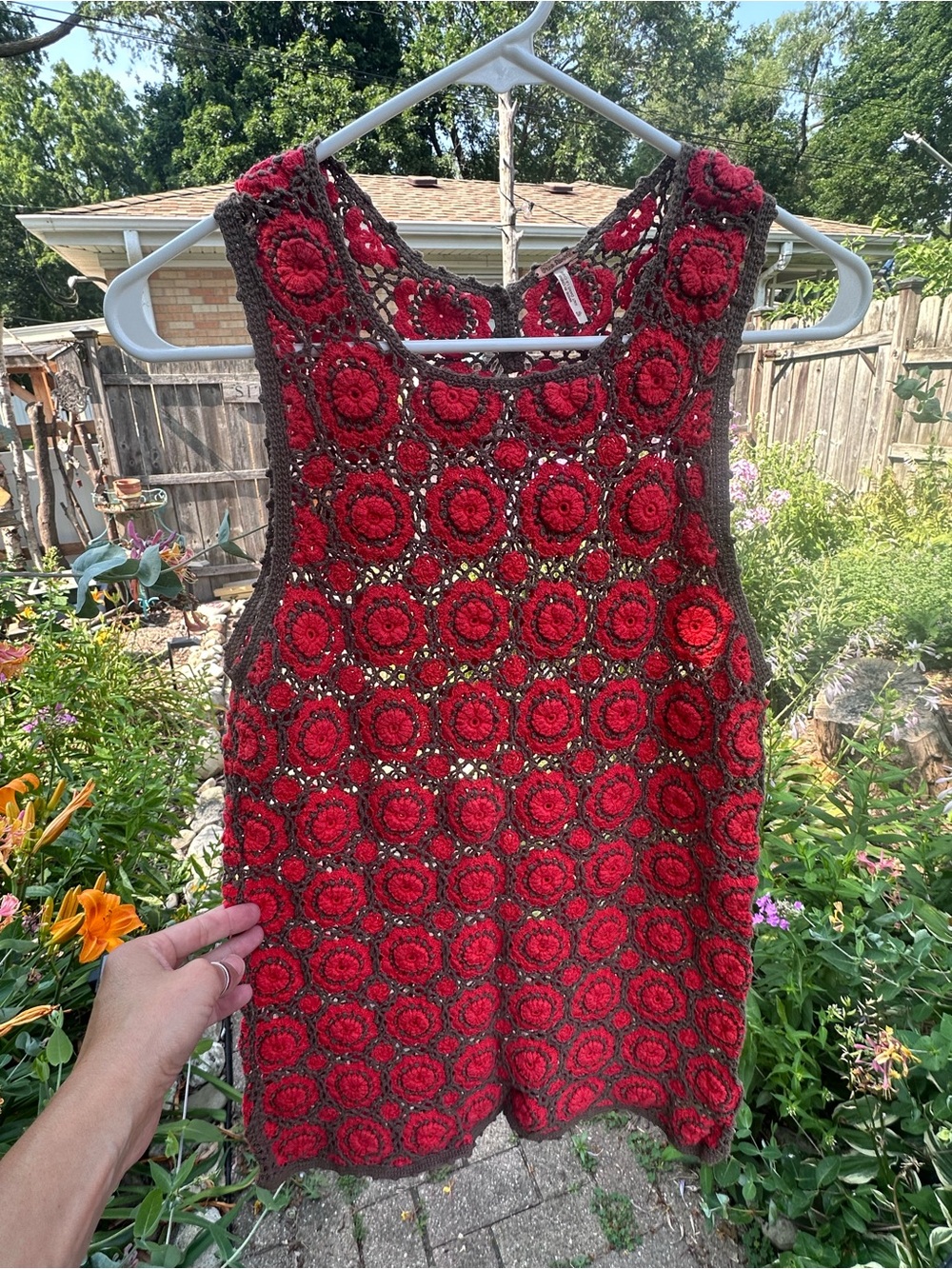 Free People Crocheted Red & Brown Floral Tunic